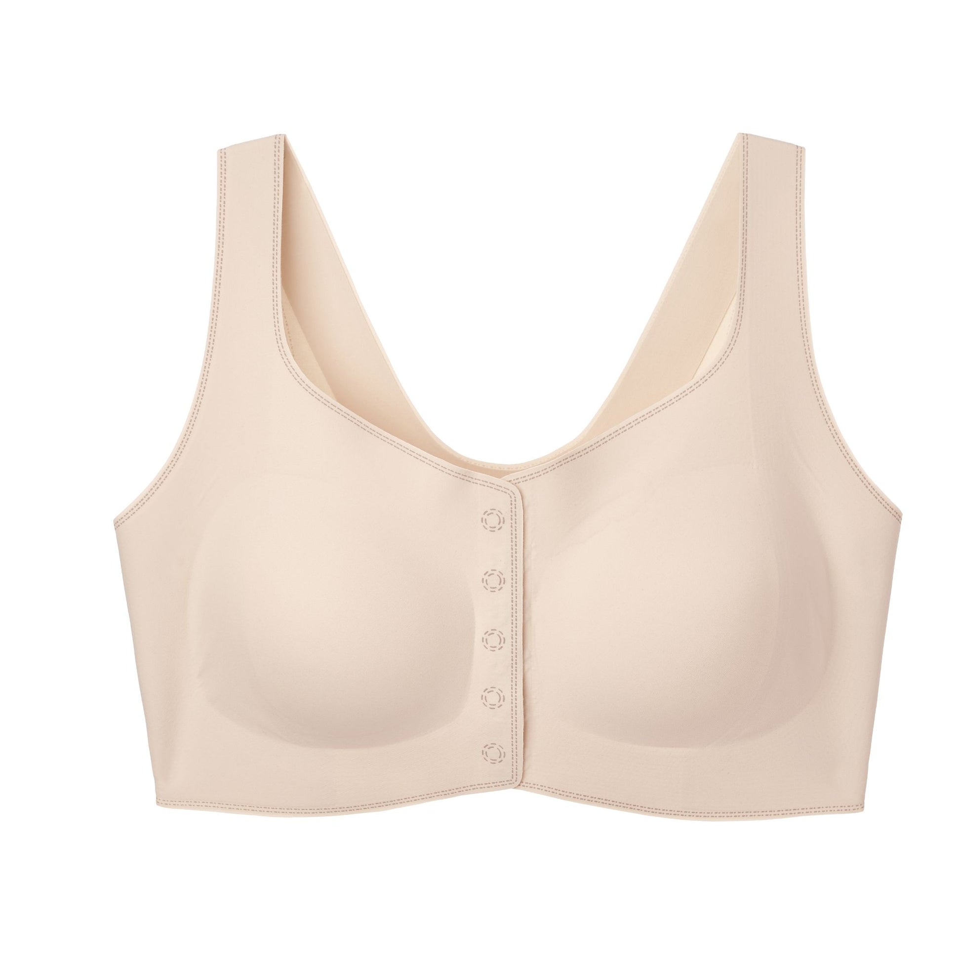 UBRAS Front Closure Bra in beige. Smooth finish, seamless fit, and front snaps. Light, breathable, and barely-there feel.