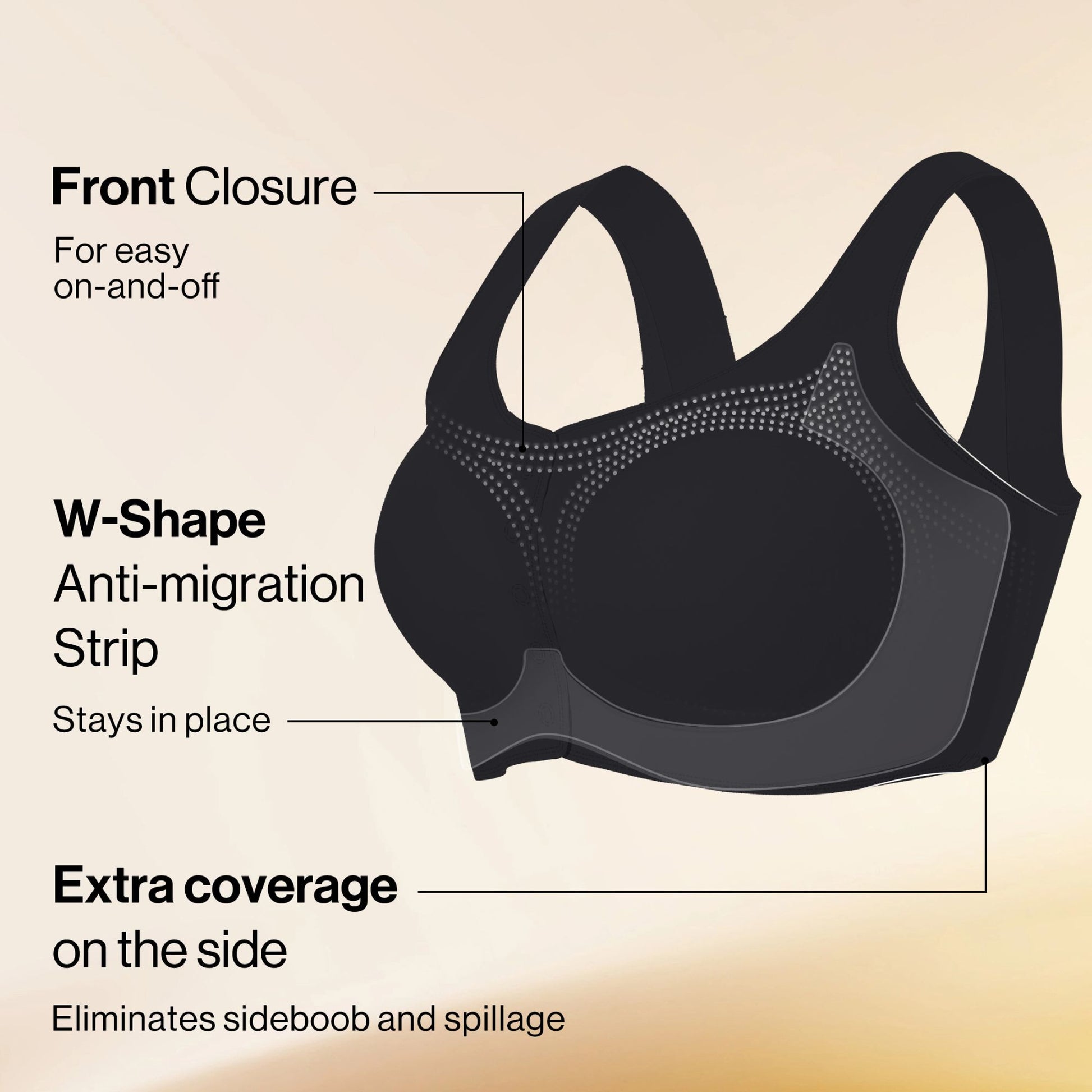 UBRAS Front Closure Bra with W-shape support and side coverage to prevent slipping and spillage in Black.
