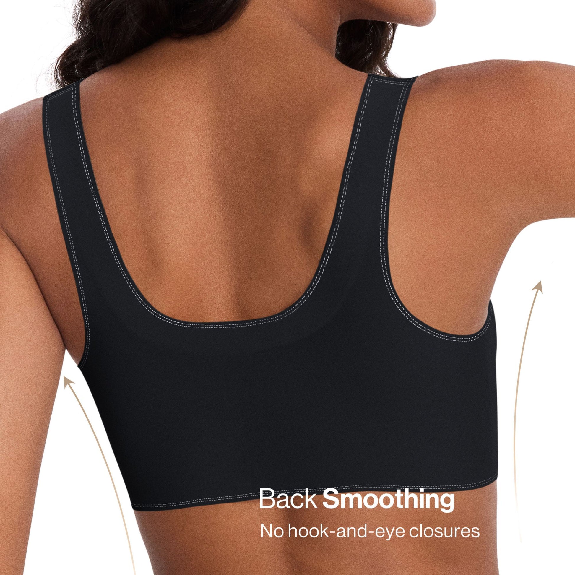 UBRAS Front Closure Bra in black. Smooth back, no hook-and-eye closures.