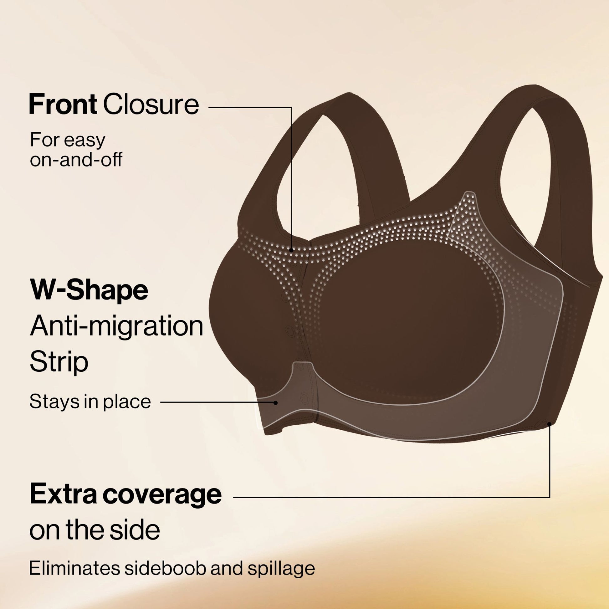 Brown UBRAS Front Closure Bra with W-shape support and side coverage to prevent slipping and spillage.