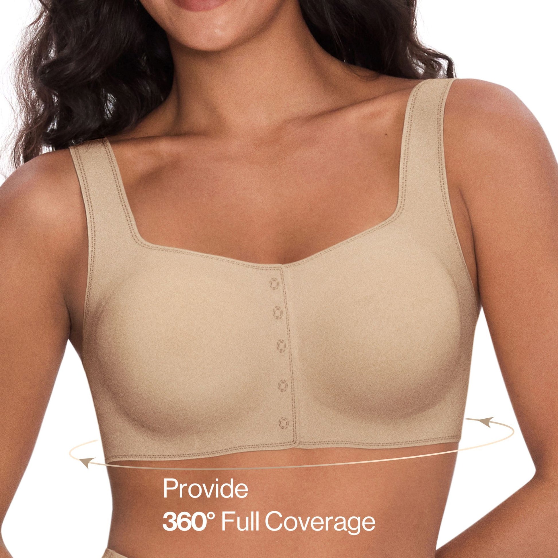 UBRAS Front Closure Bra in beige.
Shown flat from the front: seamless, wireless, wide straps and soft cups with snap button closure for everyday ease.