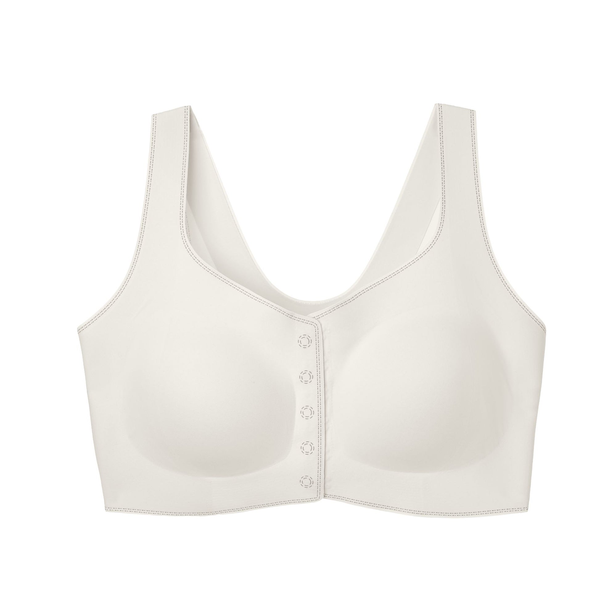 UBRAS Front Closure Bra in white. Soft, wireless design with front snaps and wide straps shown flat for clear detail.