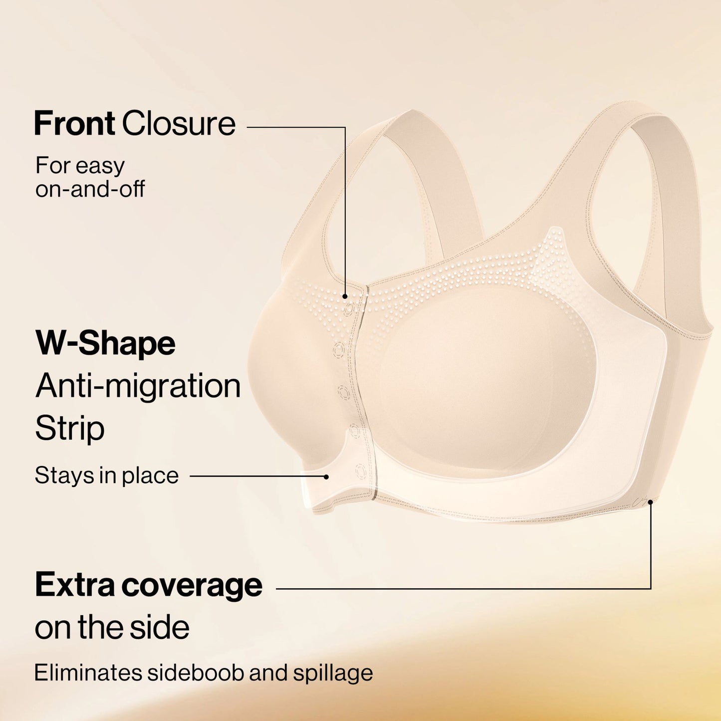 UBRAS Front Closure Bra in beige with W-shape support and side coverage.