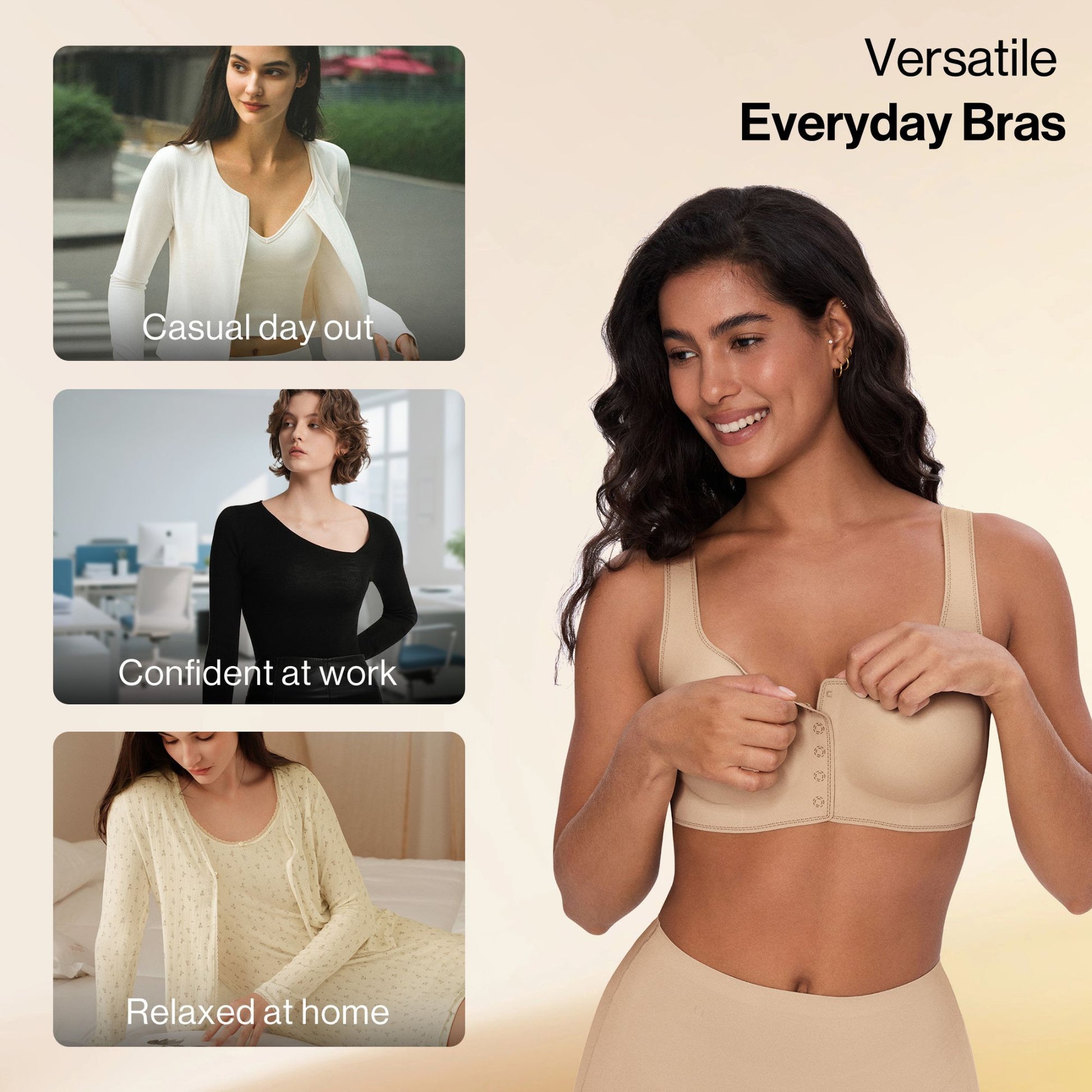 UBRAS Front Closure Bra in beige. A versatile everyday fit perfect for work, home or a casual day out.