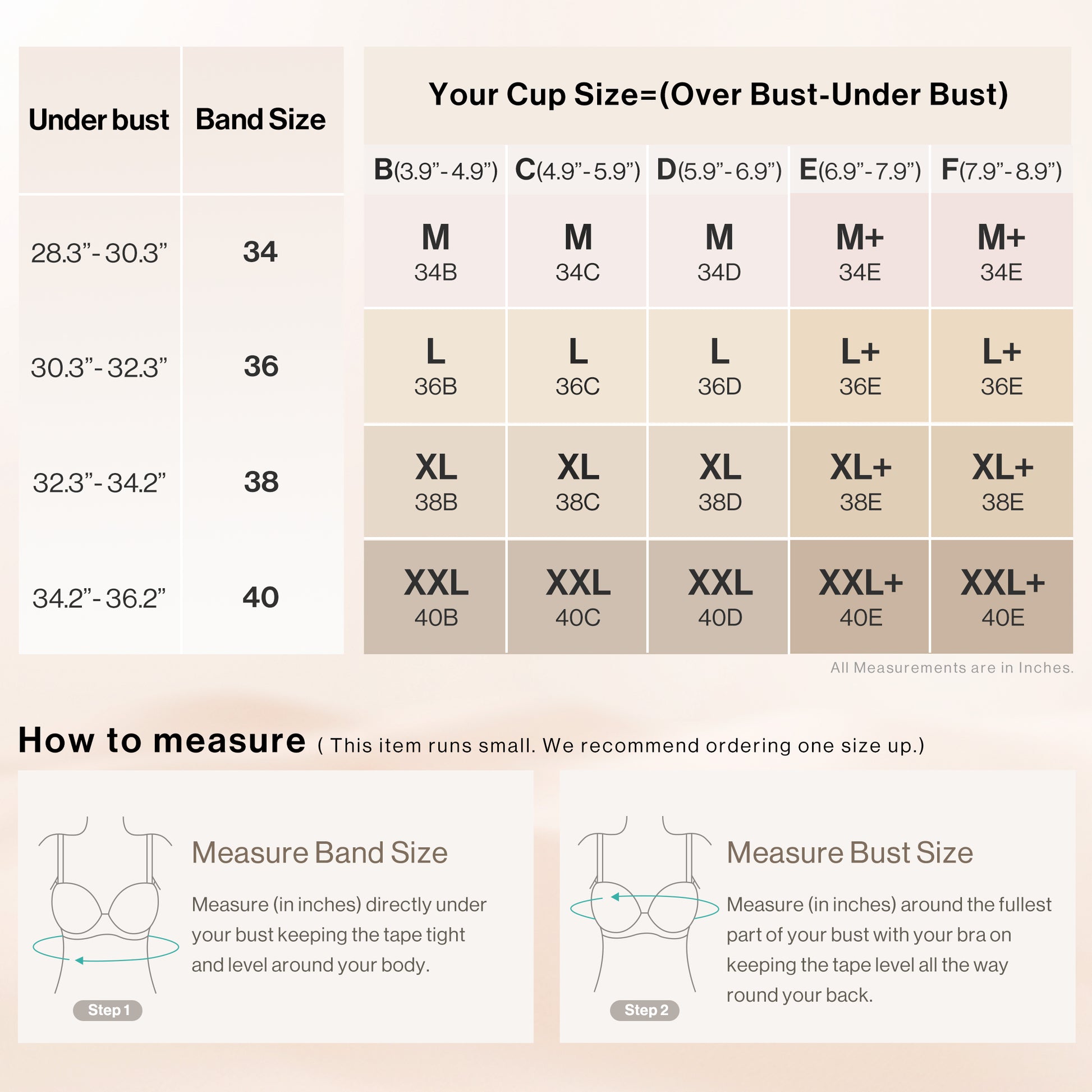 Ubras bra size chart with band and cup measurements