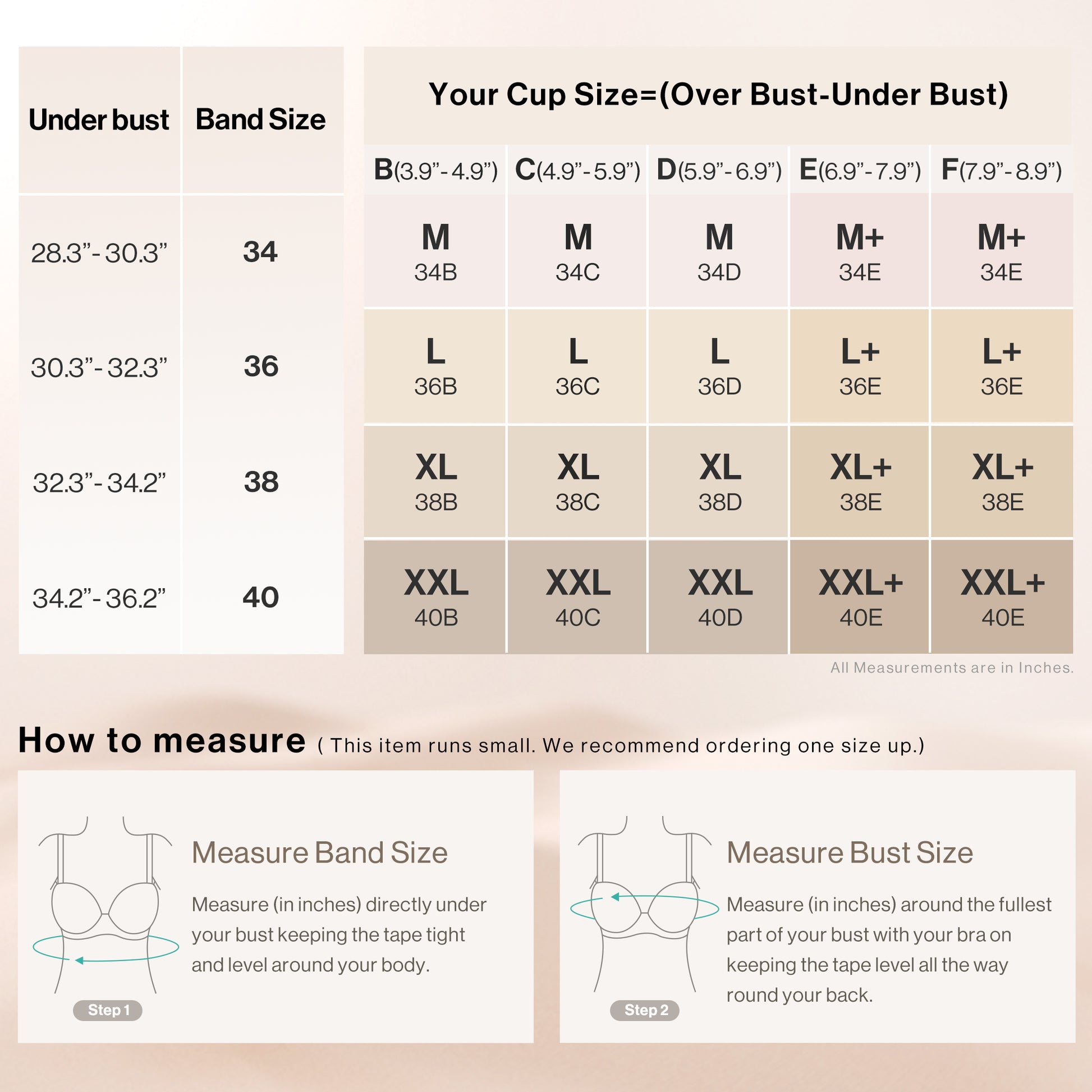 Ubras bra size chart with band and cup measurements