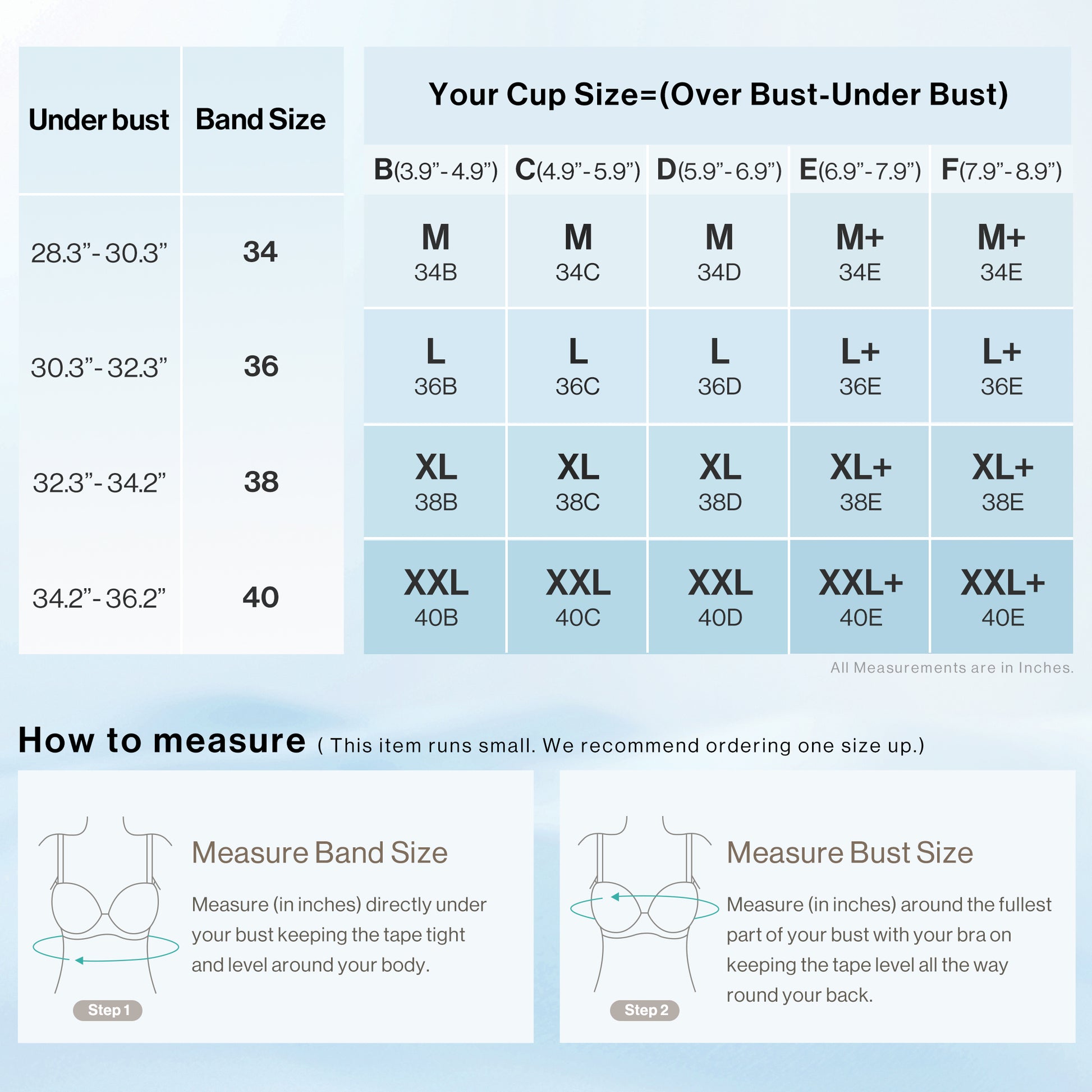 Ubras bra size chart with band and cup measurements