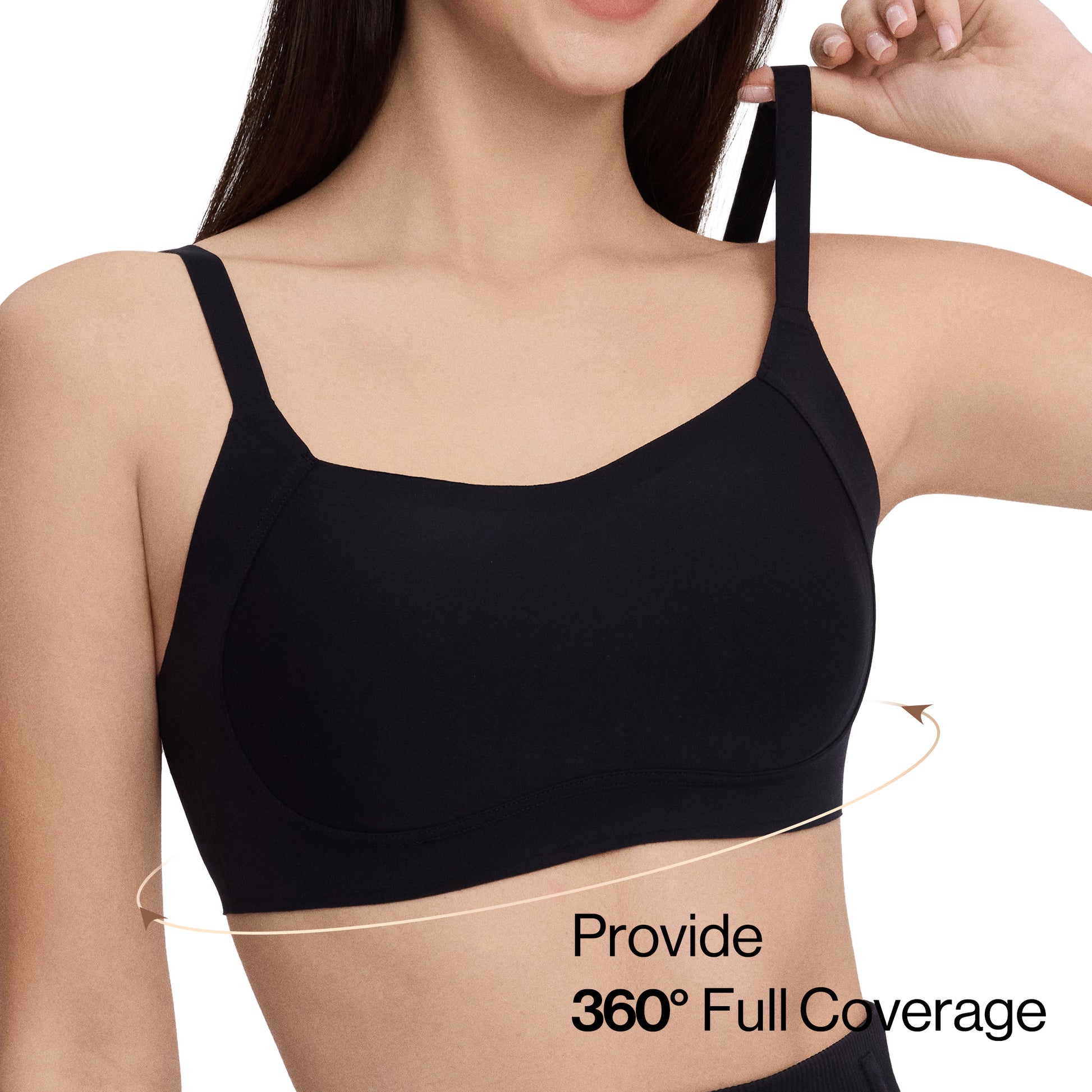 Ubras Full Coverage Bra  Blue bra with wide straps and 360 support. The woman lifts her arm