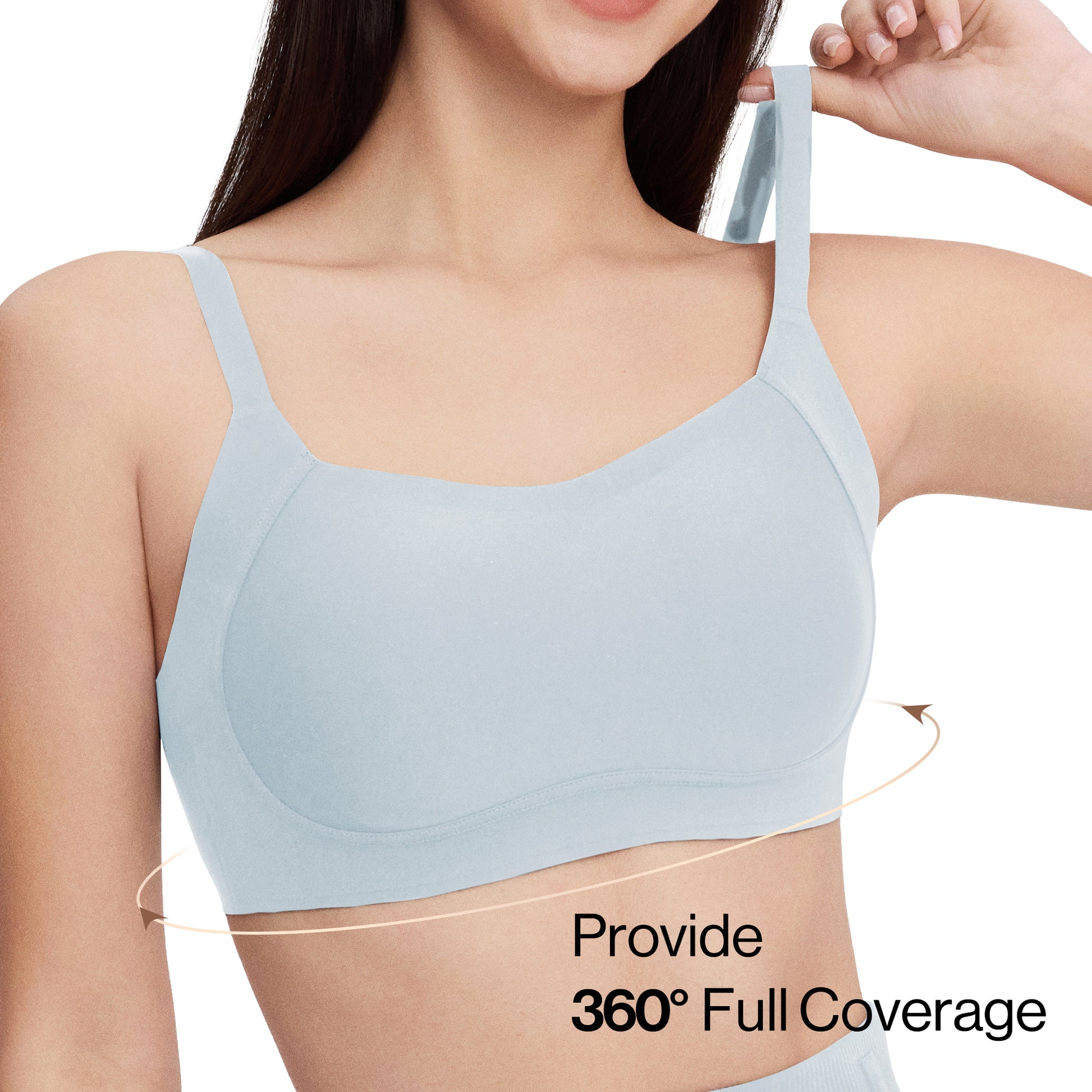 Ubras Full Coverage Bra  Blue bra with wide straps and 360 support. The woman lifts her arm