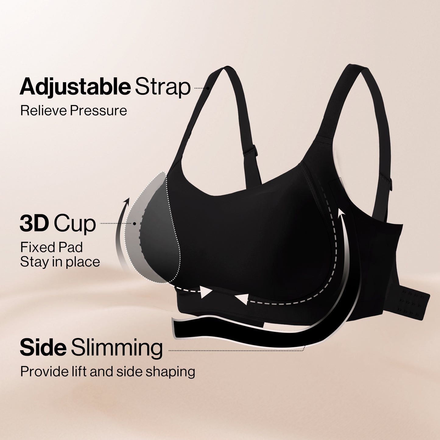 UBRAS Comfort Bra – Black bra with 3D cups, side-slimming support, and wide adjustable straps.