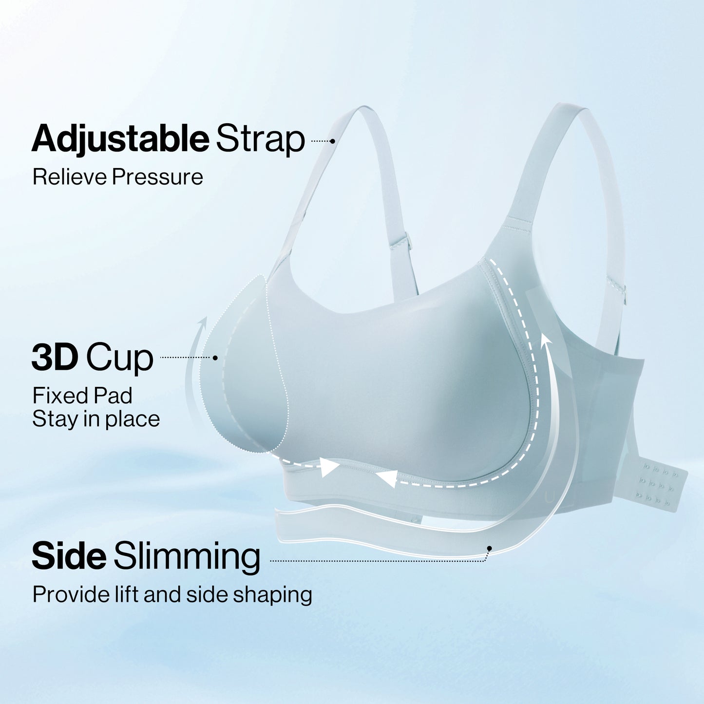 UBRAS Comfort Bra – Blue bra with 3D cups, side-slimming support, and wide adjustable straps.