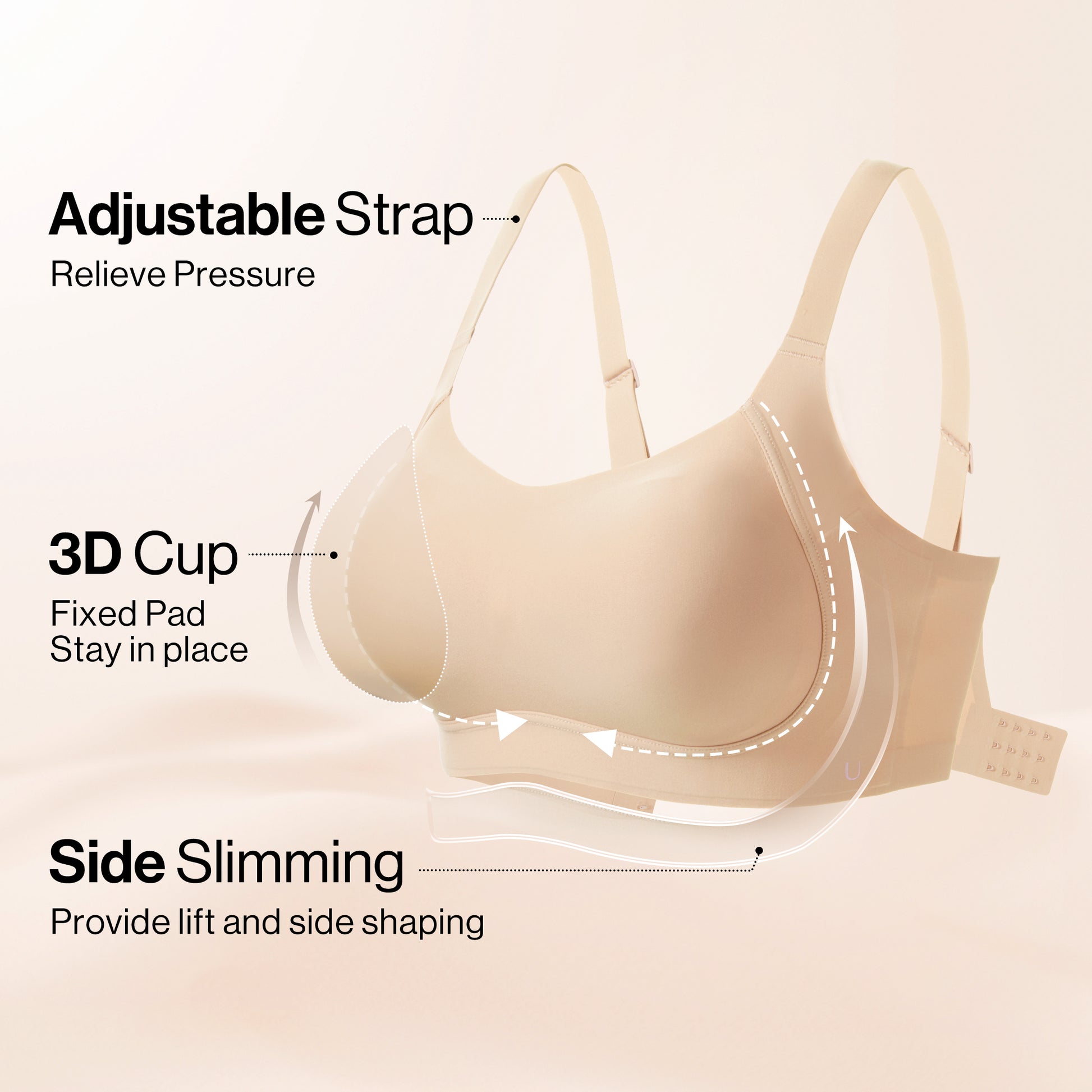 UBRAS Comfort Bra – Beige bra with 3D cups, side-slimming support, and wide adjustable straps.