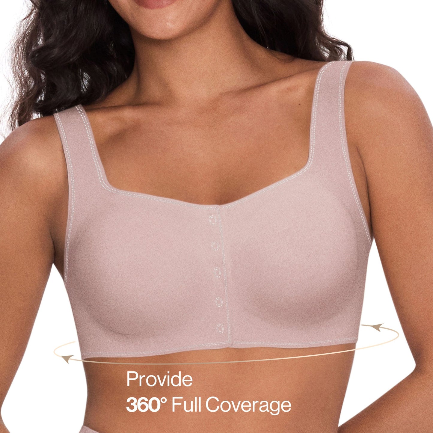 Women wearing a UBRAS Front Closure Bra in soft pink. 