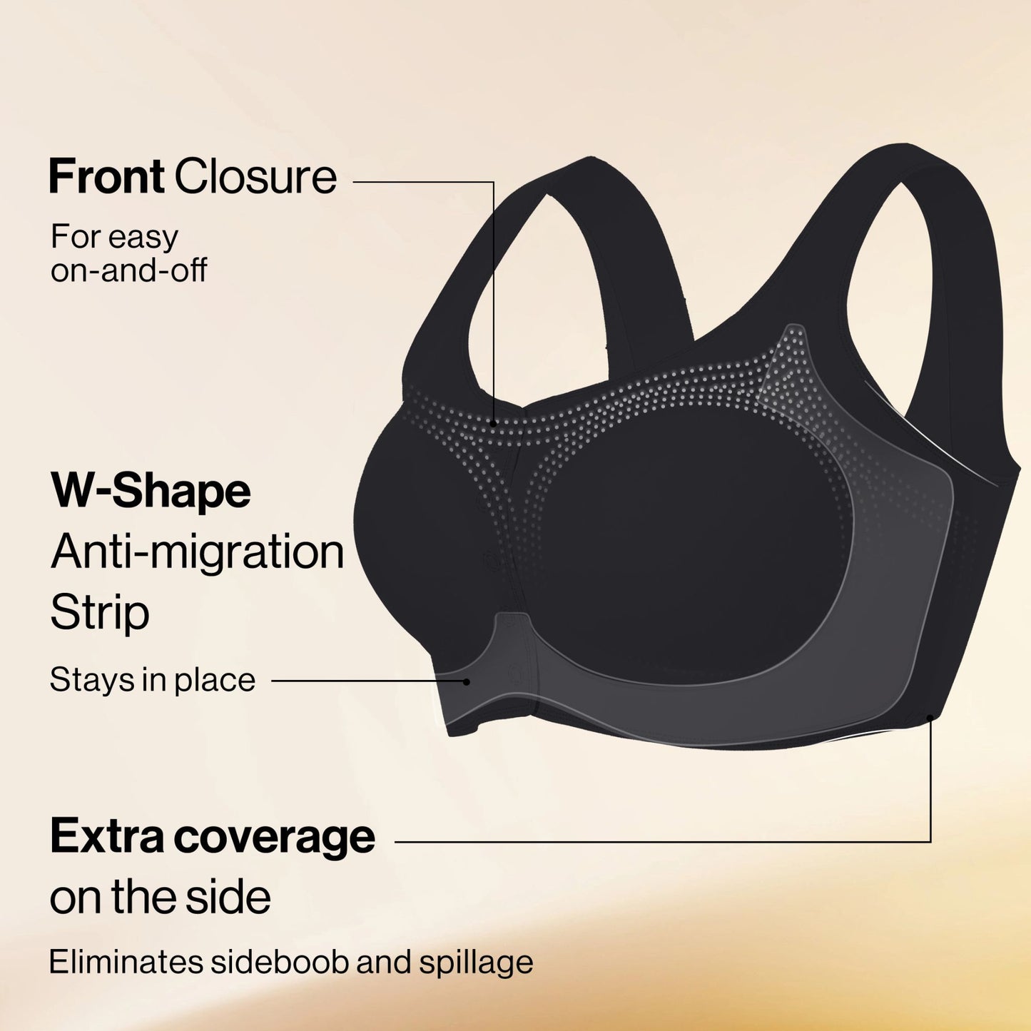 UBRAS Front Closure Bra with W-shape support and side coverage to prevent slipping and spillage in Black. 