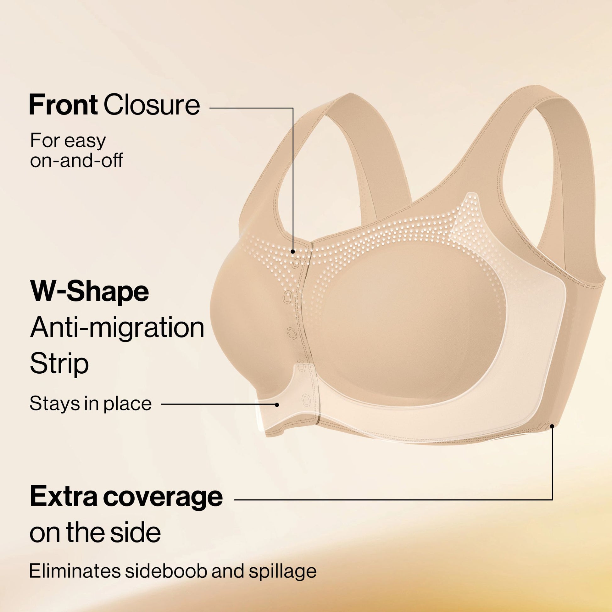 Front clasp in beige, W-shaped anti-slip strip & extra side coverage for support, stay-put fit & no side spillage.