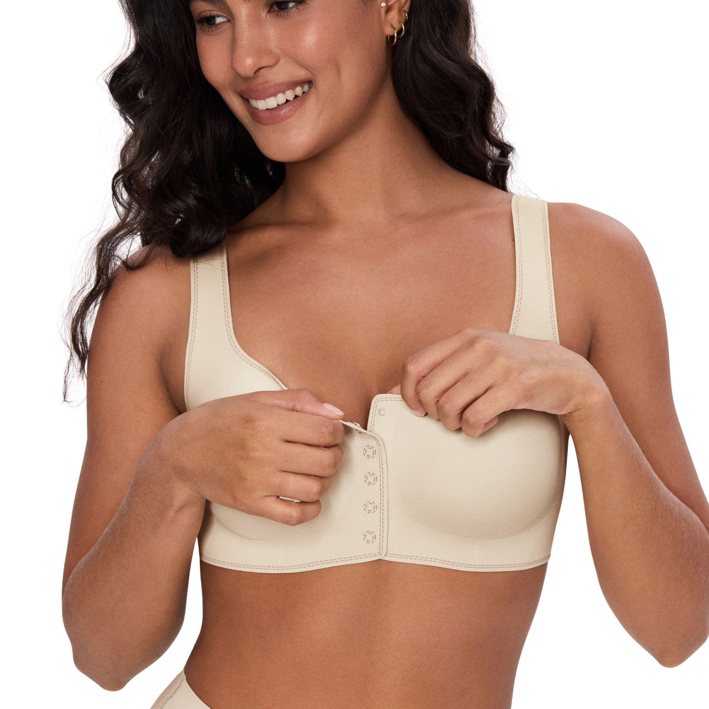 UBRAS Front Closure Bra in beige. Easy-on style with wide straps model shows soft support and a perfect everyday fit.